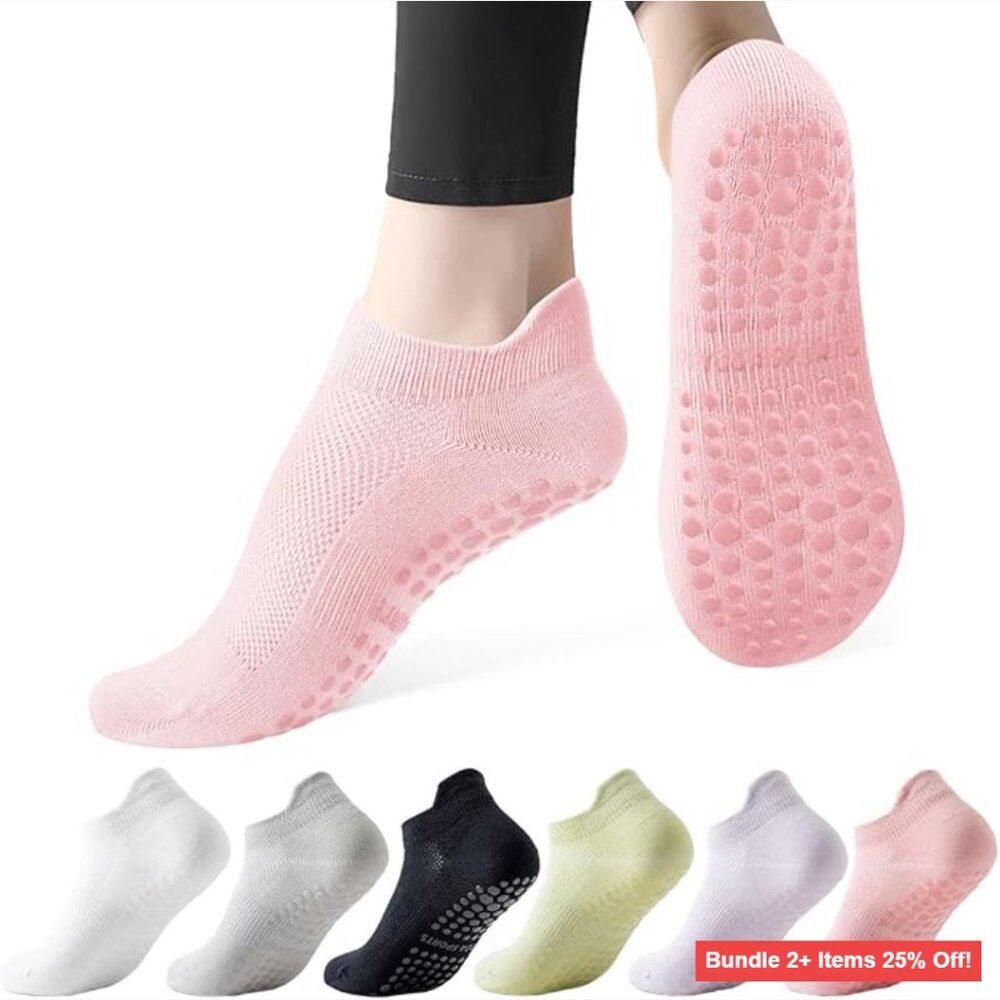 6 Pairs Non-Slip Pilates Grip Socks Women's Cotton Activewear One Size
